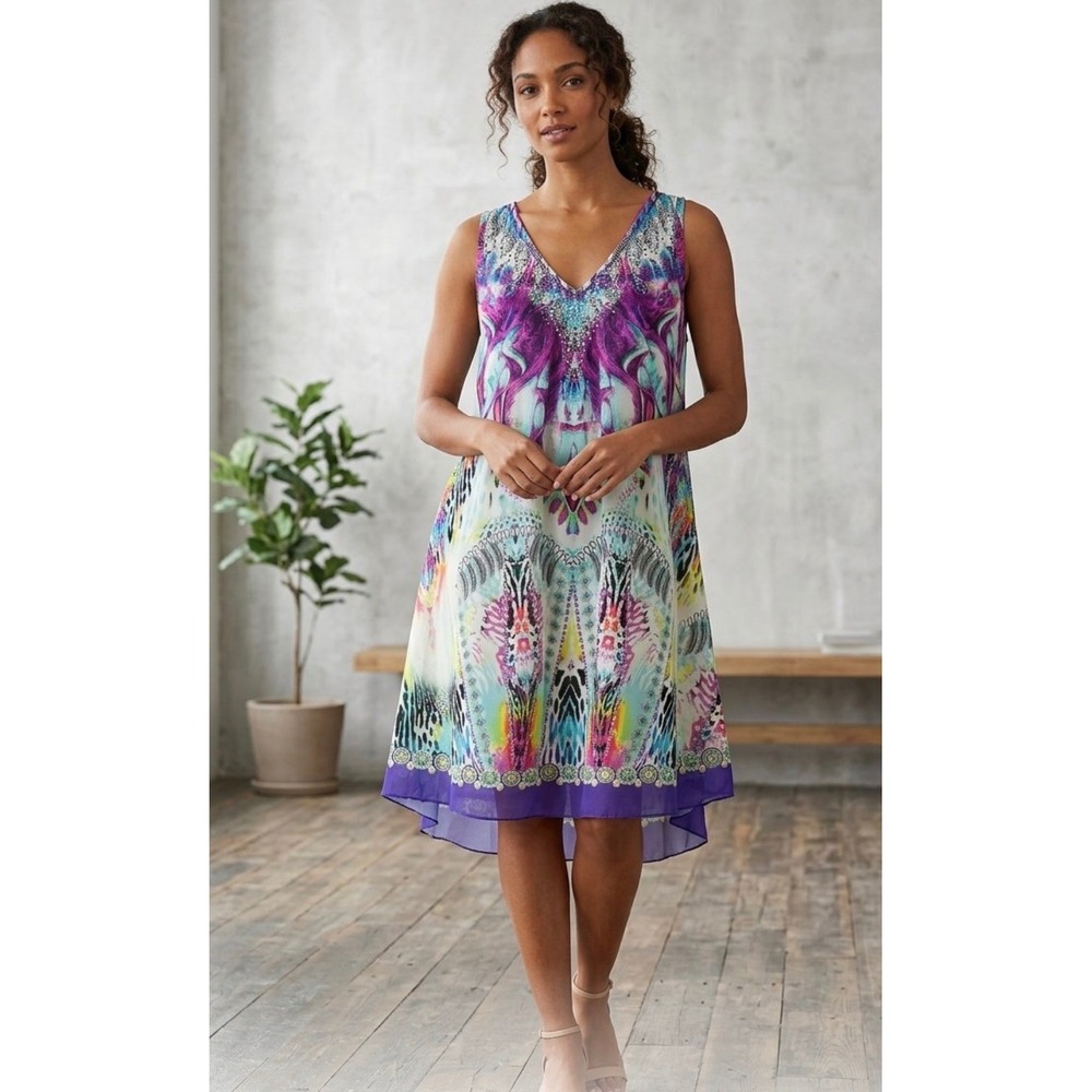 India Boutique Sleeveless V-Neck Rhinestone Embellished Print Dress Free Size